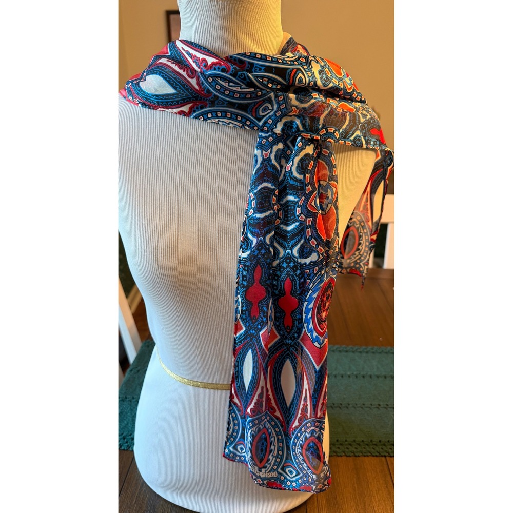 Jones New York Scarf Red Blue White Paisley Oblong Sheer Lightweight Accessory